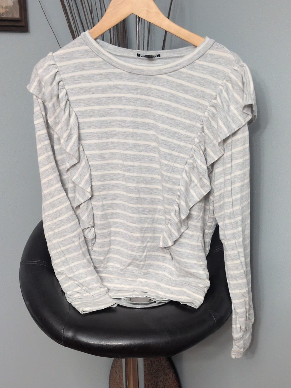 Express Gray & White Striped Ruffle Long Sleeve Top
